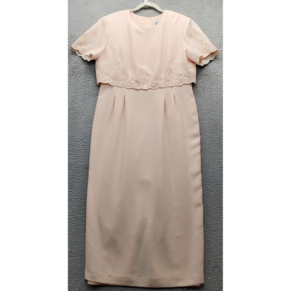 R&M Richards Maxi Dress Womens 14 Pink Sequin Guipure Crepe Shoulder Pads Vented